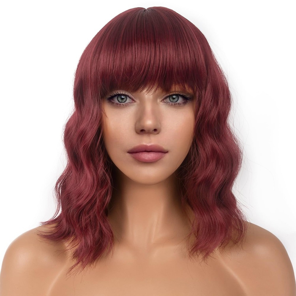 LANCAINI Auburn Red Wavy Bob Wig With Bangs Women Synthetic Cosplay Costume NWT